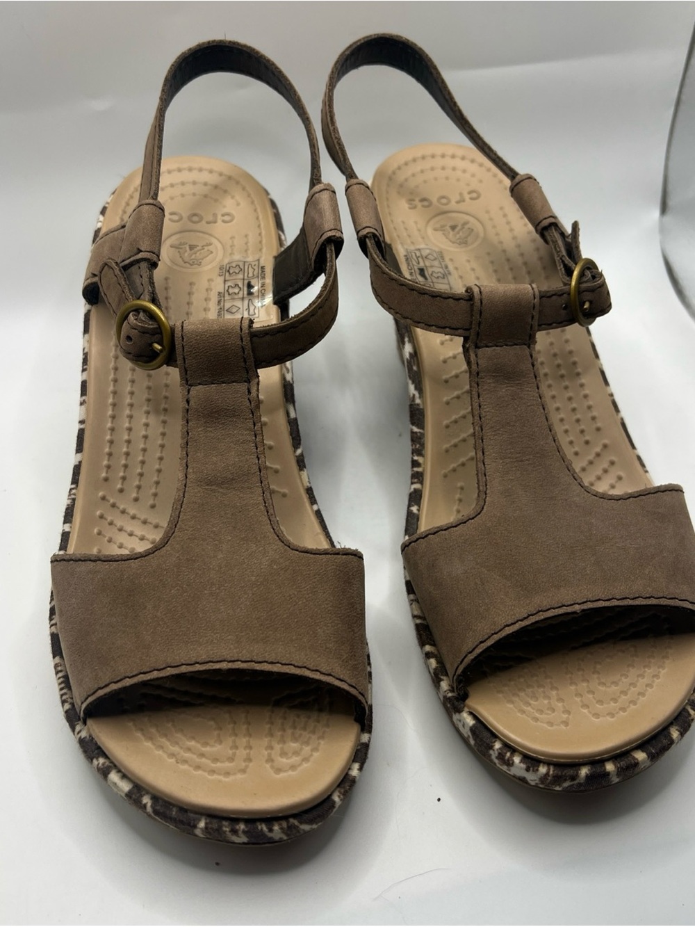 CROCS Women's Taupe T-Strap Wedge Sandals with Buckle